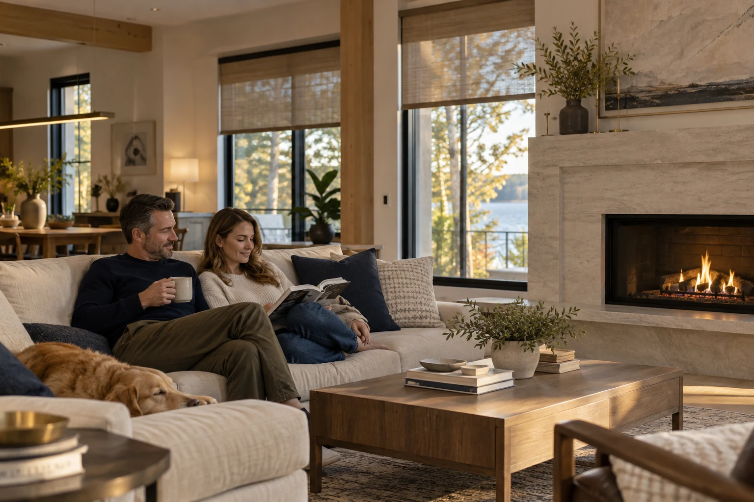 Illustrative couple relaxing with a book beside a warm fireplace and softly shaded windows