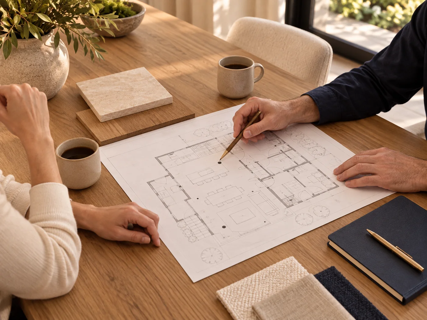 Illustrative hands reviewing a home floor plan and warm material samples