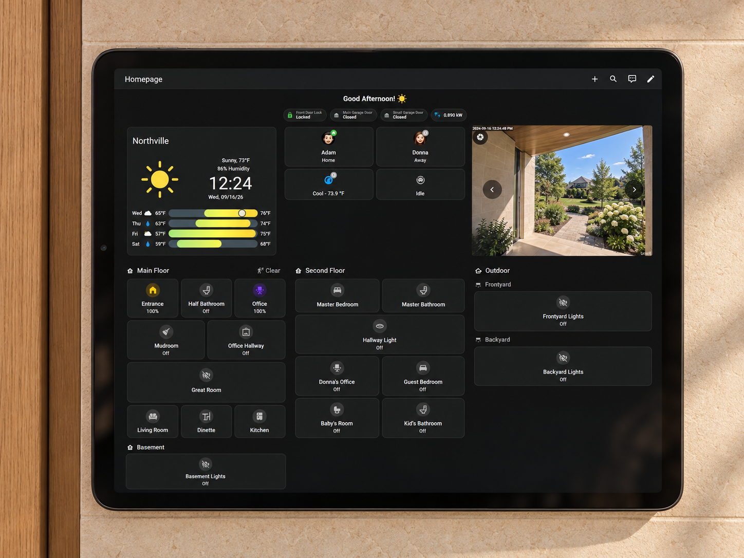 Full wall-mounted iPad showing a HomeSync home control dashboard