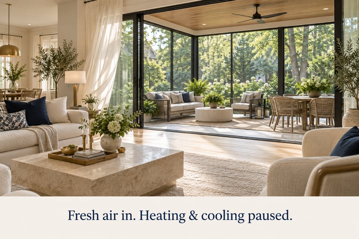 Open sliding doors connect a warm living room to a covered lanai. Fresh air in. Heating and cooling paused.