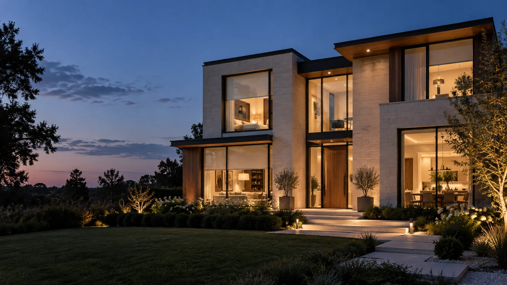Warmly illuminated oak and limestone home at dusk