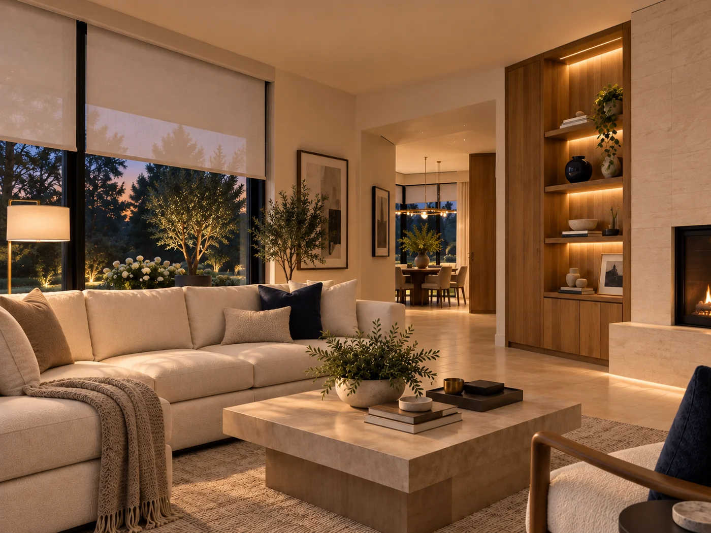 Warm living room with layered lighting and automated shades