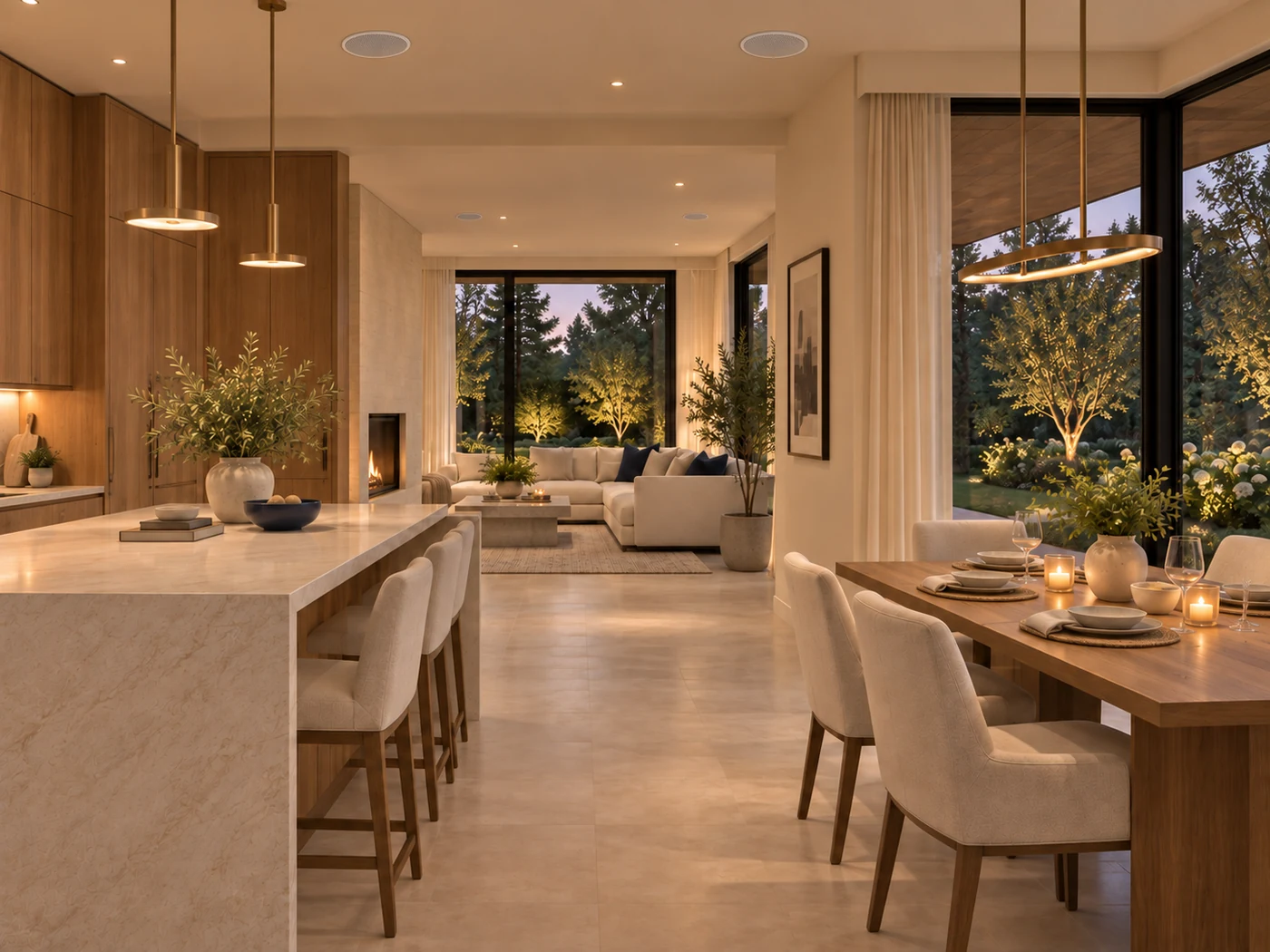 Warm open-plan kitchen, dining and lounge with flush-mounted in-ceiling speakers