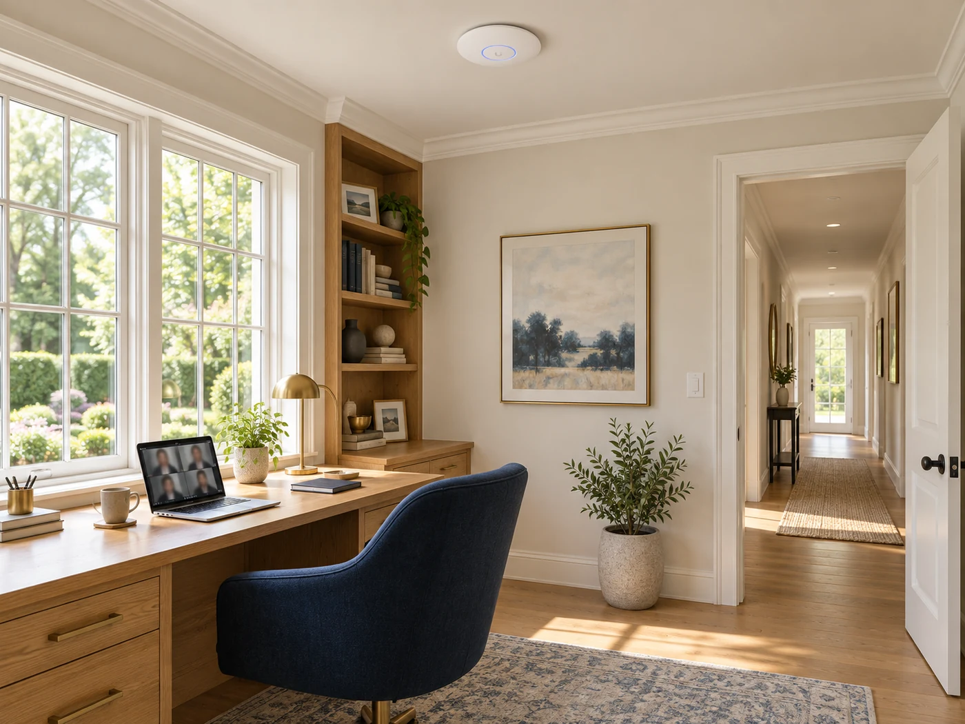 Sunlit oak home office and hallway with a ceiling-mounted UniFi U7 Pro access point