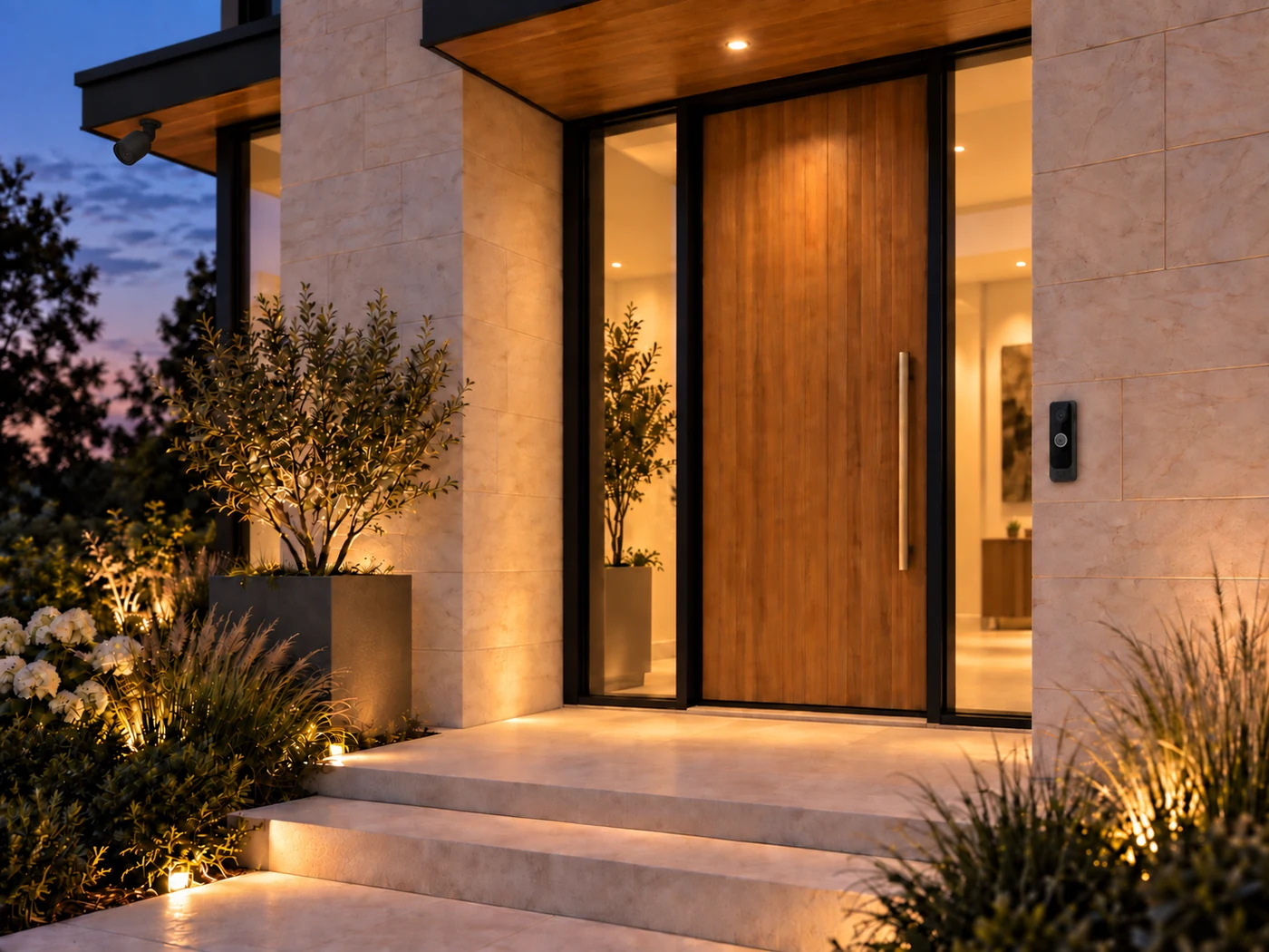 Oak entrance with a black UniFi AI Pro security camera and G4 Doorbell Pro, both fully visible